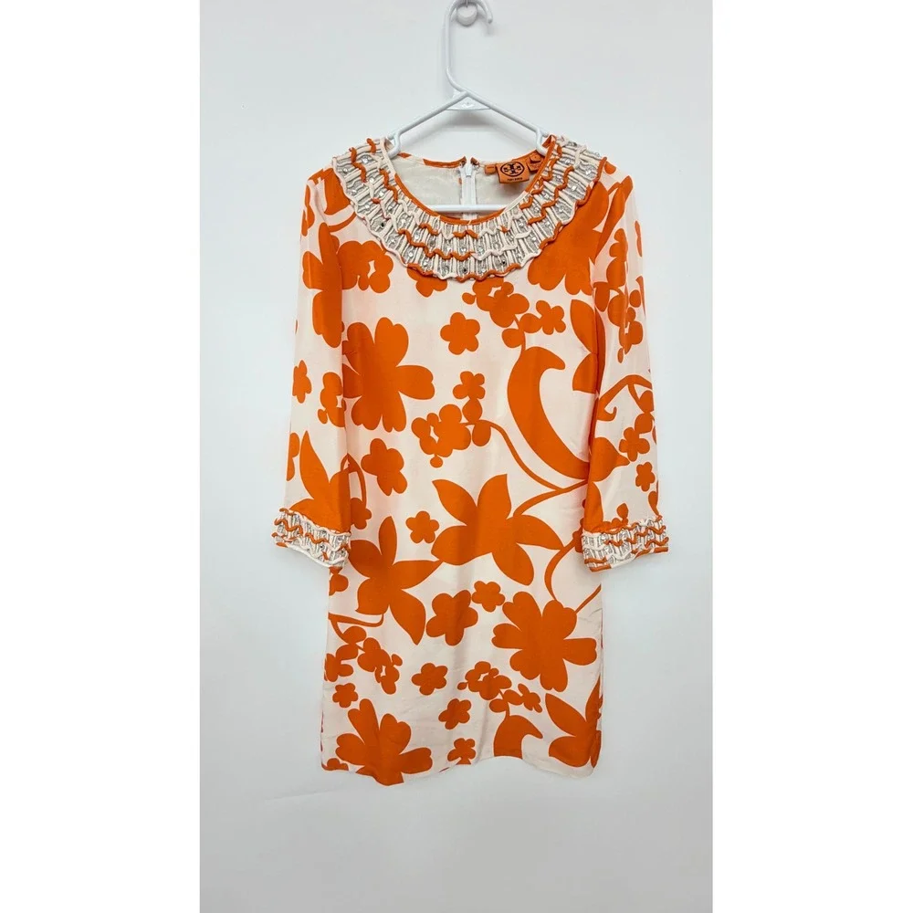 Tory Burch White and Orange Floral Mini Dress